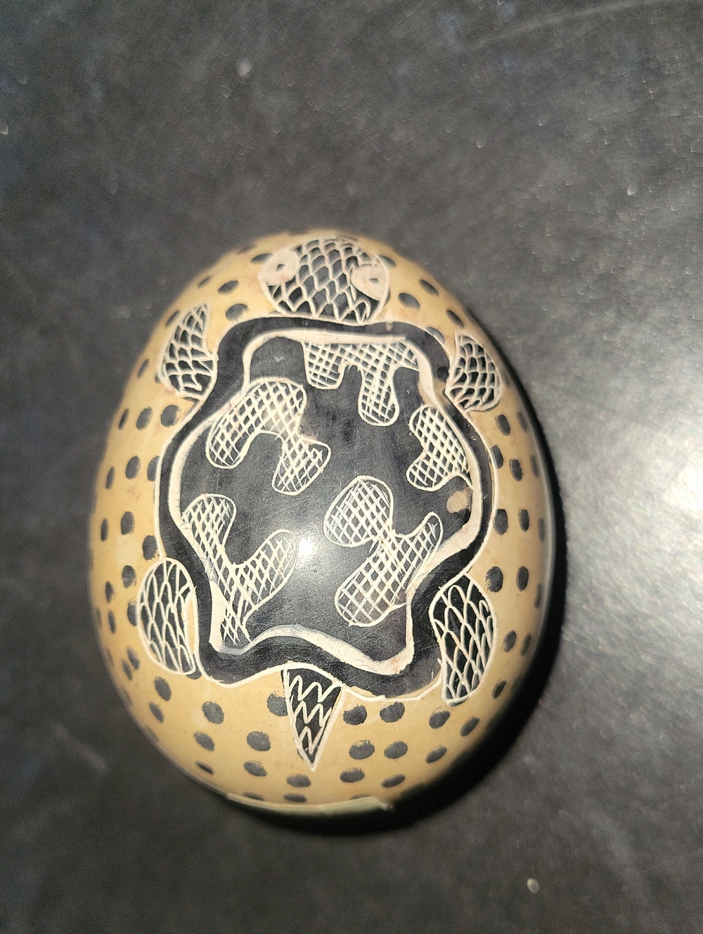Hand Carved Decorative Soap Stone Turtle Egg — Black and Cream Home Art Accent